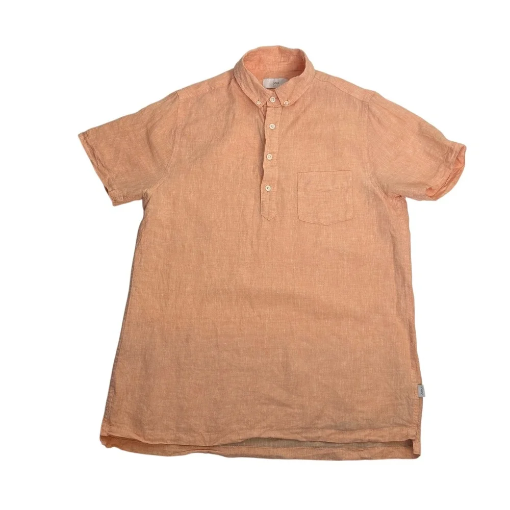 Onia Men's Short Sleeve Linen Band Collar Pullover‎ Shirt Peach Size S